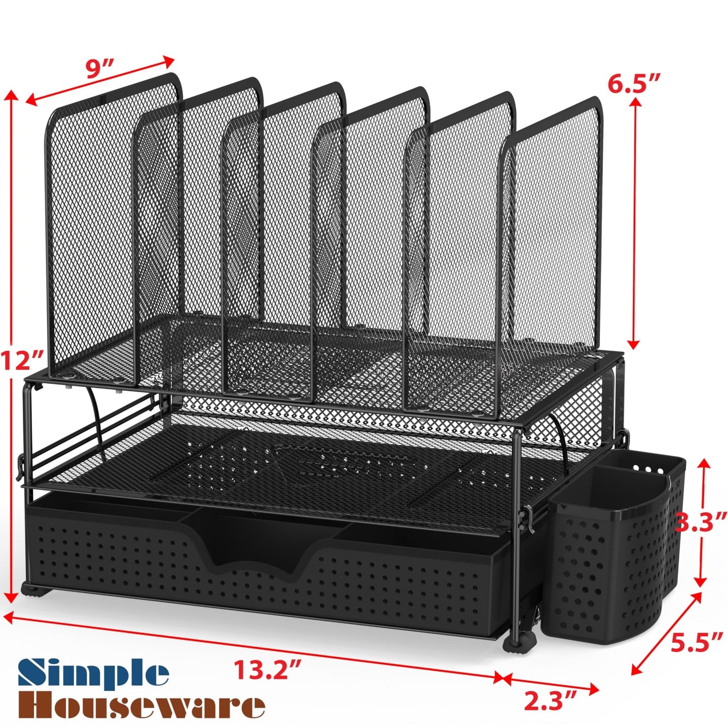 Simple Houseware Mesh Desk Organizer with Sliding Drawer, Double Tray and 5 Upright Sections, Black - FocusAid Essentials: Empowering ADHD Living