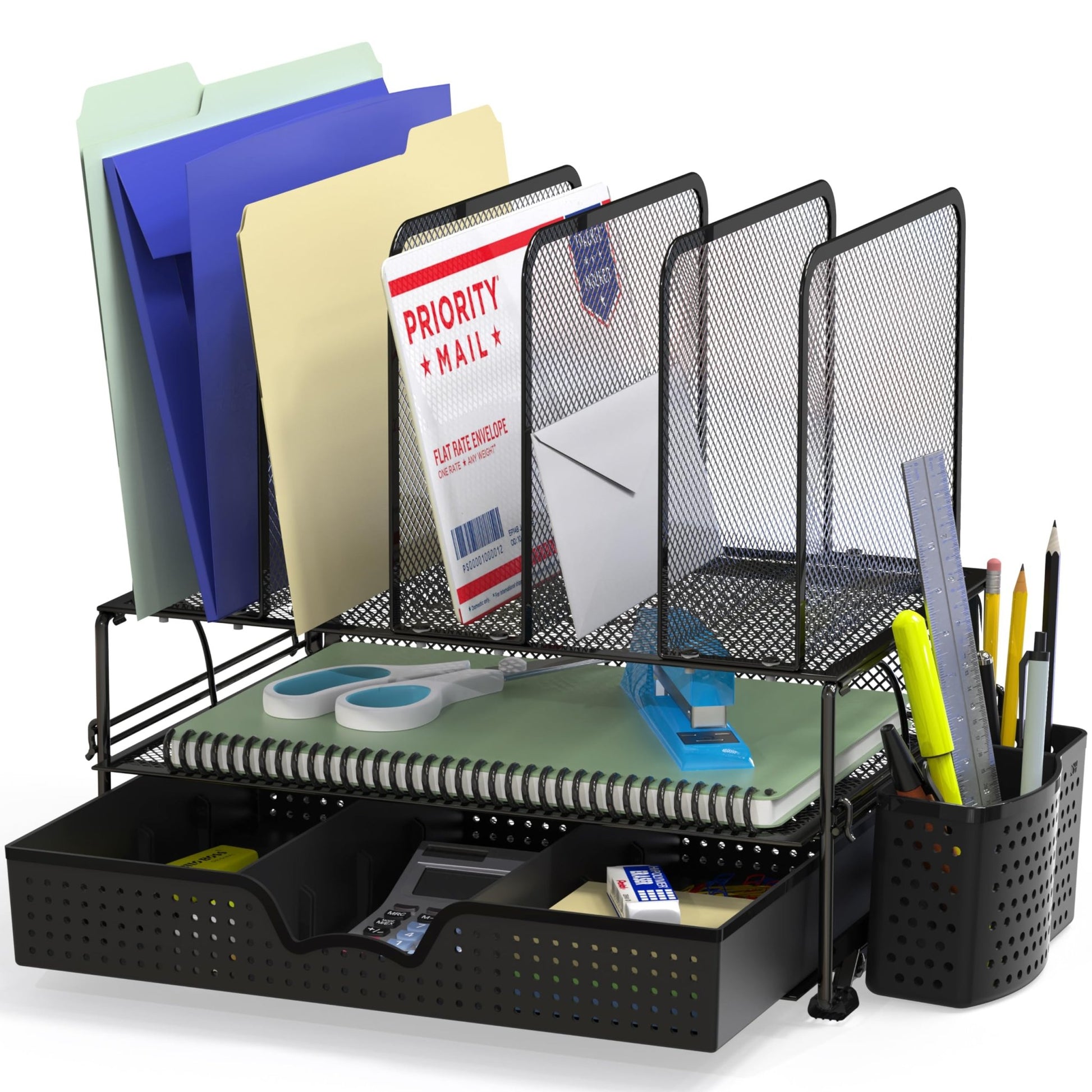 Simple Houseware Mesh Desk Organizer with Sliding Drawer, Double Tray and 5 Upright Sections, Black - FocusAid Essentials: Empowering ADHD Living