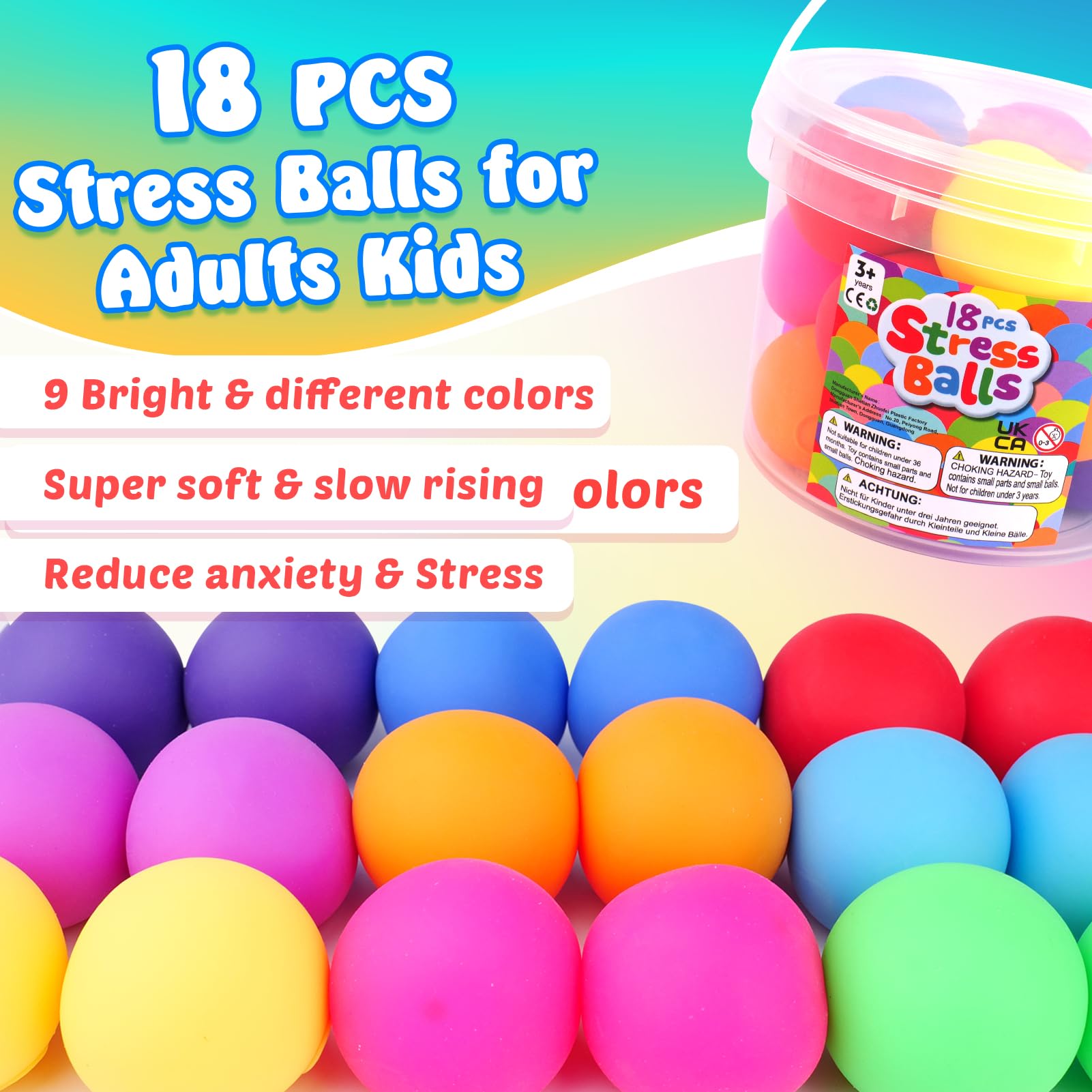 Squishy Stress Balls for Kids Adults: 18 Pack Stretchy Fidget Ball for Anxiety Stress Relief, Hand Therapy Sensory Squishy Ball, Party Favors Classroom Prizes, Christmas Stocking Stuffers for Kids - FocusAid Essentials: Empowering ADHD Living