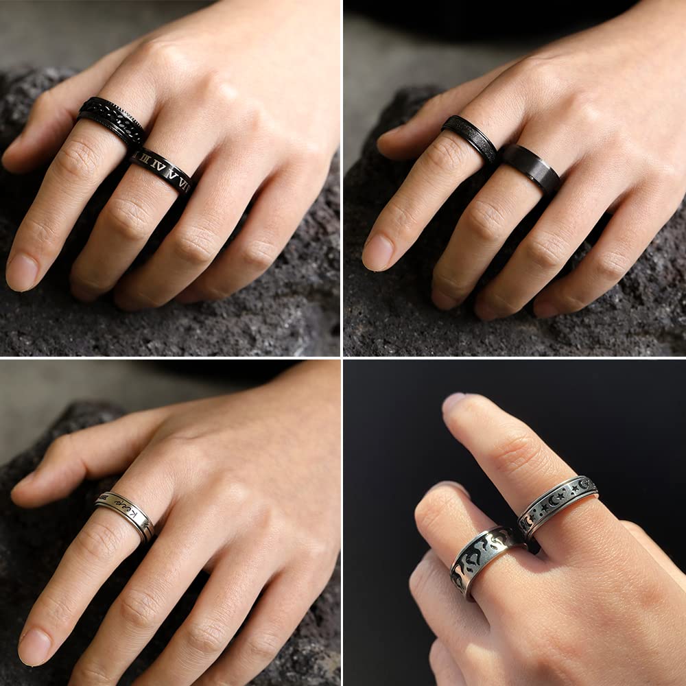 Stainless Steel Fidget Rings for Men, Sliver Fidget Rings for Women, Cool Spinner Ring Set, Black Mens Wedding Band Ring Pack (8) - FocusAid Essentials: Empowering ADHD Living