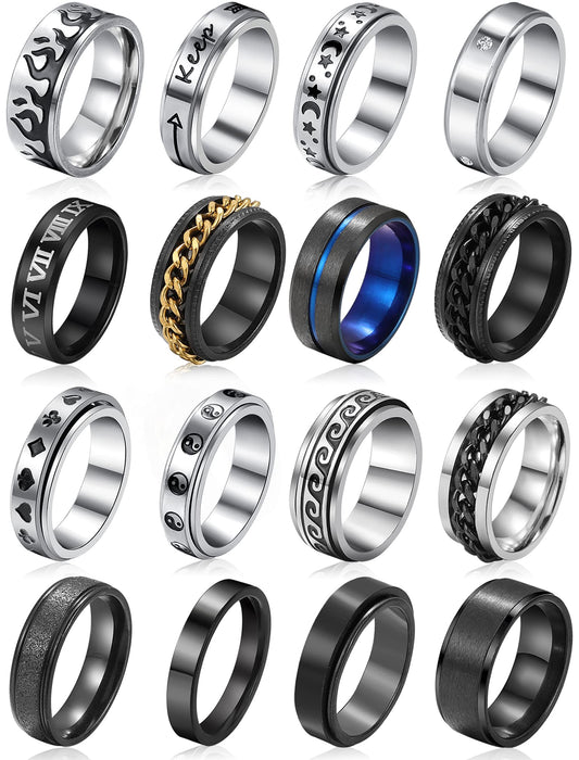 Stainless Steel Fidget Rings for Men, Sliver Fidget Rings for Women, Cool Spinner Ring Set, Black Mens Wedding Band Ring Pack (8) - FocusAid Essentials: Empowering ADHD Living