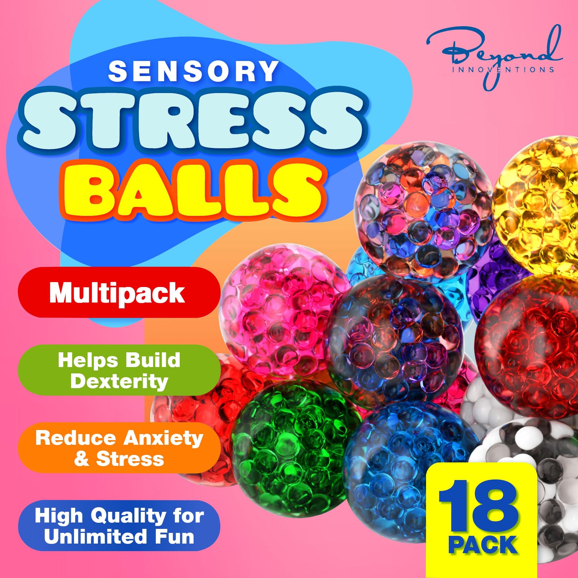 Stress Balls for Adults - 18 Pack | Fidget Toys | XL Stress Balls - Squishy Balls, Goody Bag Stuffers, Party Favors | Anxiety Relief Calming Tool | Stress Ball for Autism & ADD/ADHD - FocusAid Essentials: Empowering ADHD Living