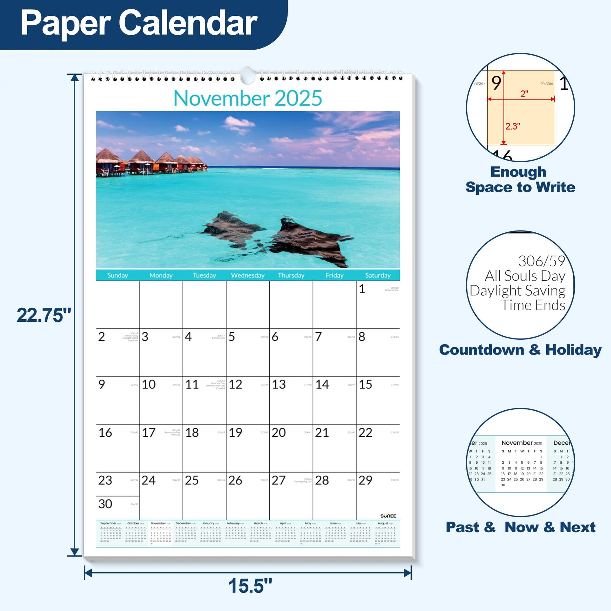 SUNEE 2025 Wall Calendar Large 22.75"x15.5", 21 Month Calendar from Now to June 2026, Vertical Extra Large Monthly Calendar 2025 - 2026 for Wall, Beaches - FocusAid Essentials: Empowering ADHD Living