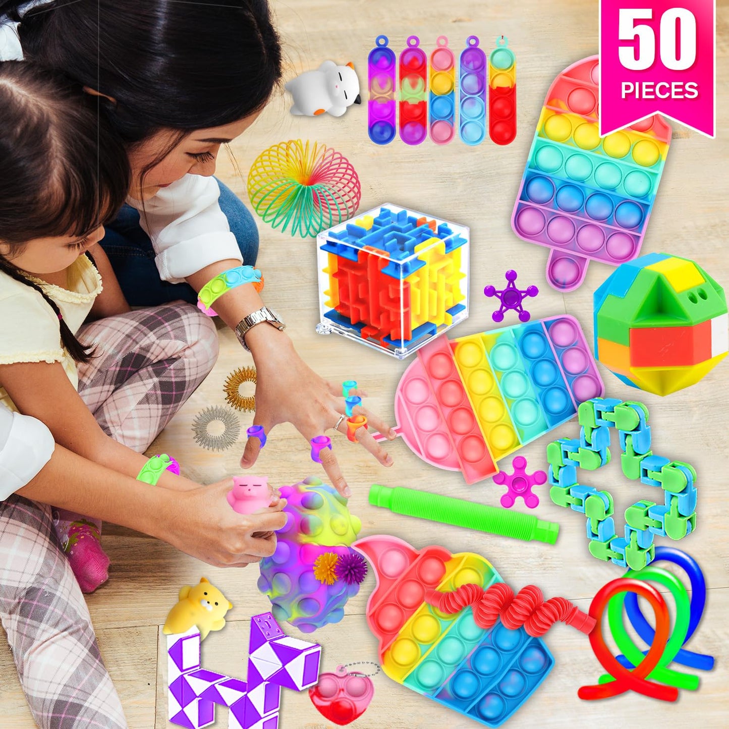 SUNNERLY Fidget Toys, 50 Pack Sensory Toy Set Bulk Stocking Stuffers Carnival Treasure Box Classroom Prizes Gifts Party Favors for Kids Adults Boys Girls, Stress Relief Anxiety Relief Autism Autistic - FocusAid Essentials: Empowering ADHD Living