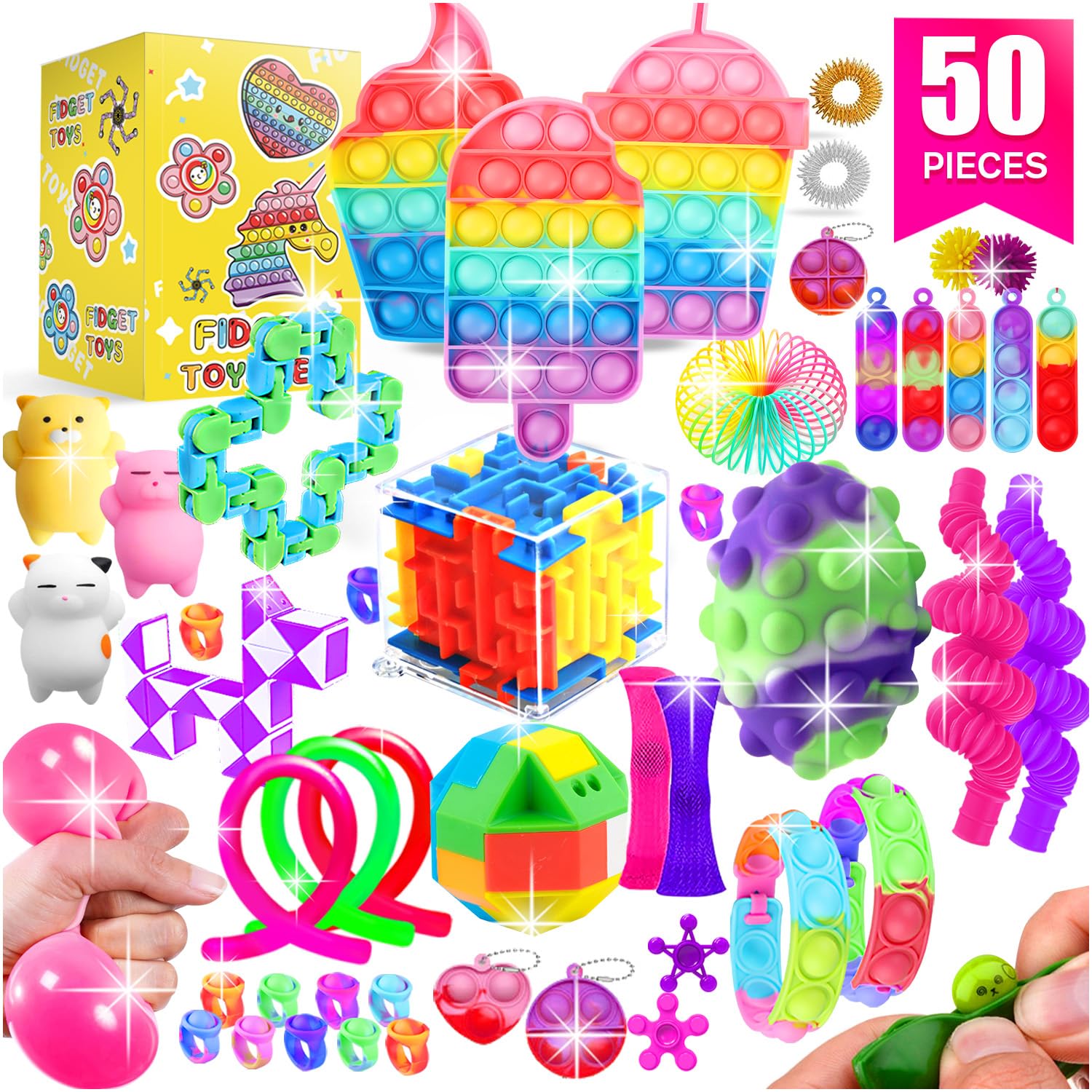 SUNNERLY Fidget Toys, 50 Pack Sensory Toy Set Bulk Stocking Stuffers Carnival Treasure Box Classroom Prizes Gifts Party Favors for Kids Adults Boys Girls, Stress Relief Anxiety Relief Autism Autistic - FocusAid Essentials: Empowering ADHD Living