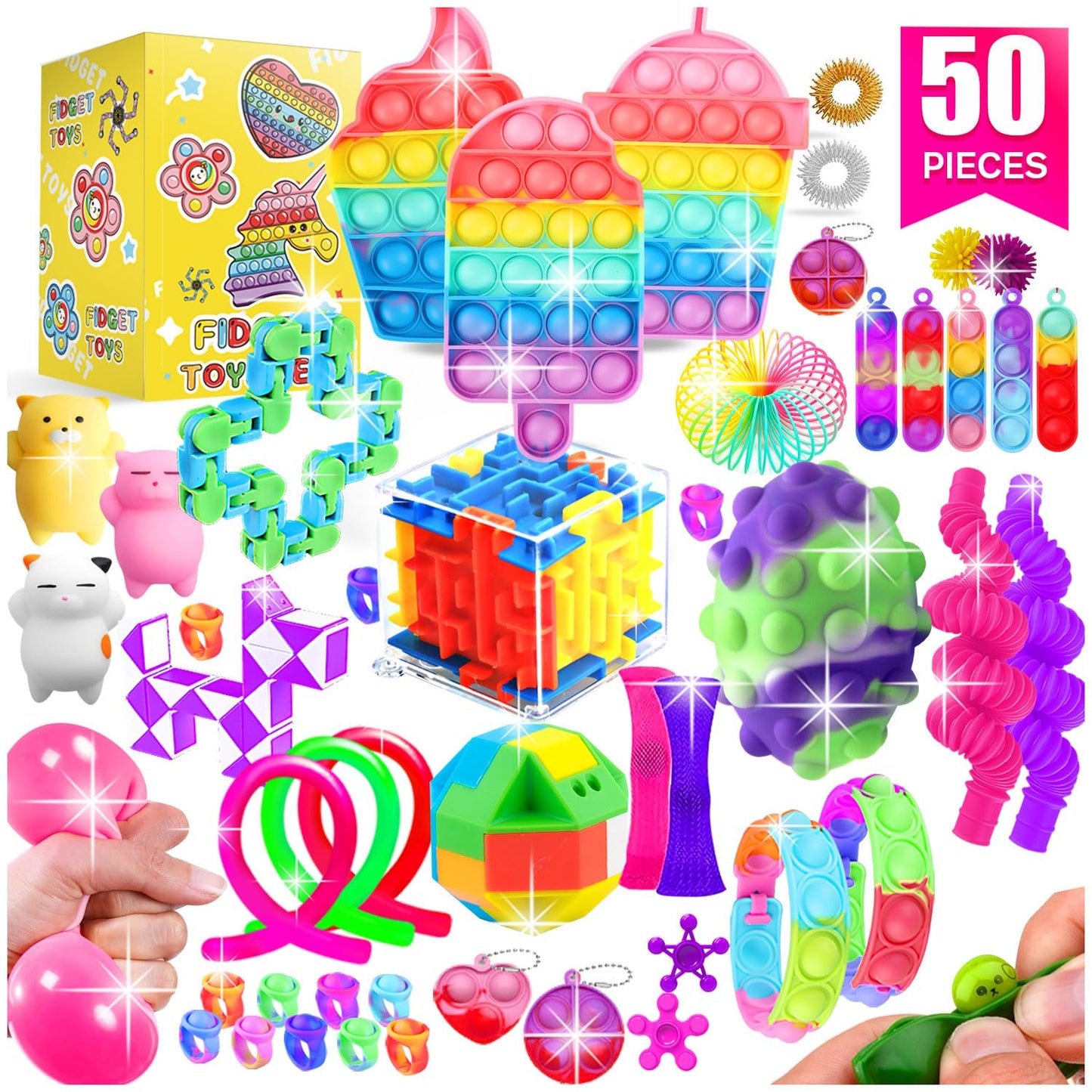 SUNNERLY Fidget Toys, 50 Pack Sensory Toy Set Bulk Stocking Stuffers Carnival Treasure Box Classroom Prizes Gifts Party Favors for Kids Adults Boys Girls, Stress Relief Anxiety Relief Autism Autistic - FocusAid Essentials: Empowering ADHD Living