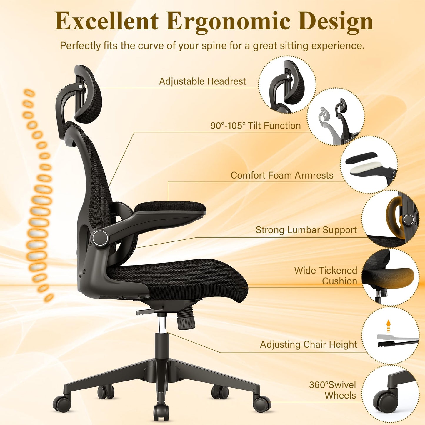 SUNNOW Ergonomic Office Chair, Comfy Mesh Desk Chair, High Back Computer Gaming Chairs with Adjustable Lumbar Support, Flip - Up Arms, Headrest, Tilt Function, Wide Cushion, Swivel Wheel, BIFMA Quality - FocusAid Essentials: Empowering ADHD Living