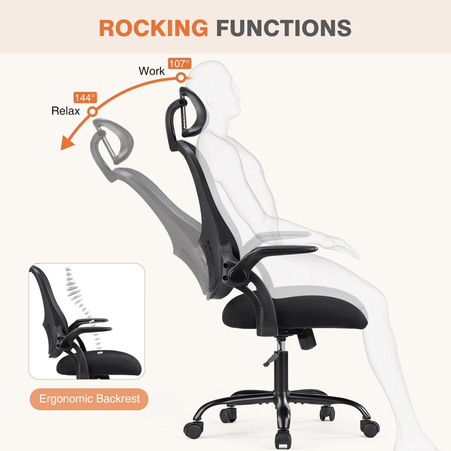 Sweetcrispy Office Computer Desk Chair, Ergonomic High - Back Mesh Rolling Work Chairs with Wheels and Adjustable Headrests, Comfortable Lumbar Support, Comfy Flip - up Arms for Home,Bedroom,Study, Black - FocusAid Essentials: Empowering ADHD Living