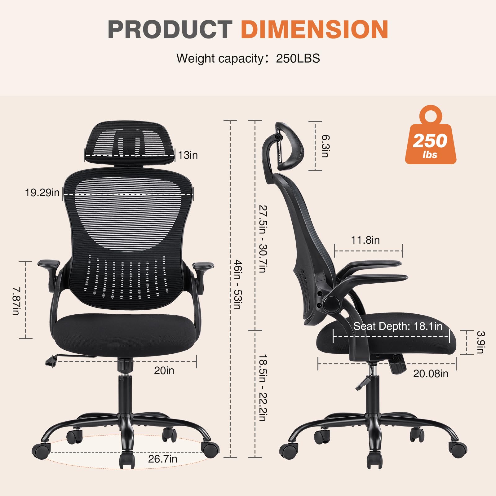 Sweetcrispy Office Computer Desk Chair, Ergonomic High - Back Mesh Rolling Work Chairs with Wheels and Adjustable Headrests, Comfortable Lumbar Support, Comfy Flip - up Arms for Home,Bedroom,Study, Black - FocusAid Essentials: Empowering ADHD Living