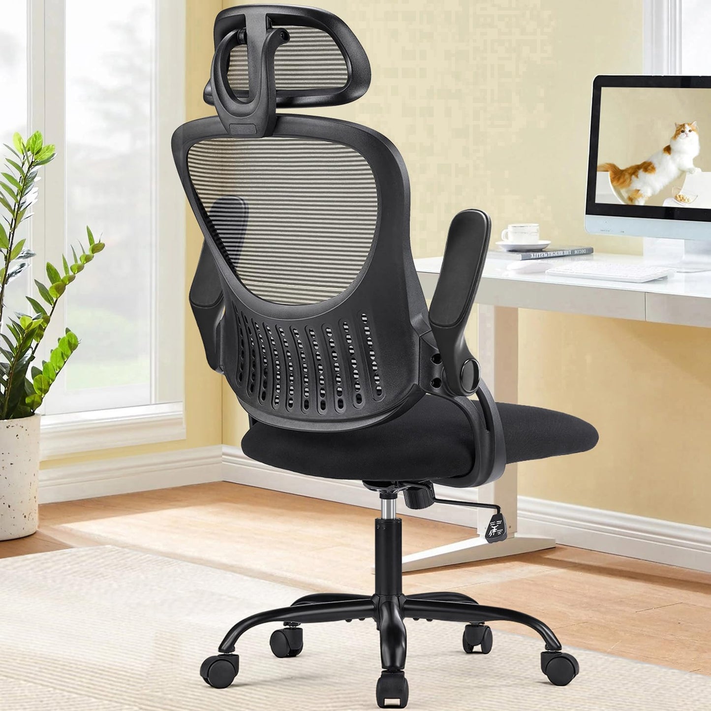 Sweetcrispy Office Computer Desk Chair, Ergonomic High - Back Mesh Rolling Work Chairs with Wheels and Adjustable Headrests, Comfortable Lumbar Support, Comfy Flip - up Arms for Home,Bedroom,Study, Black - FocusAid Essentials: Empowering ADHD Living