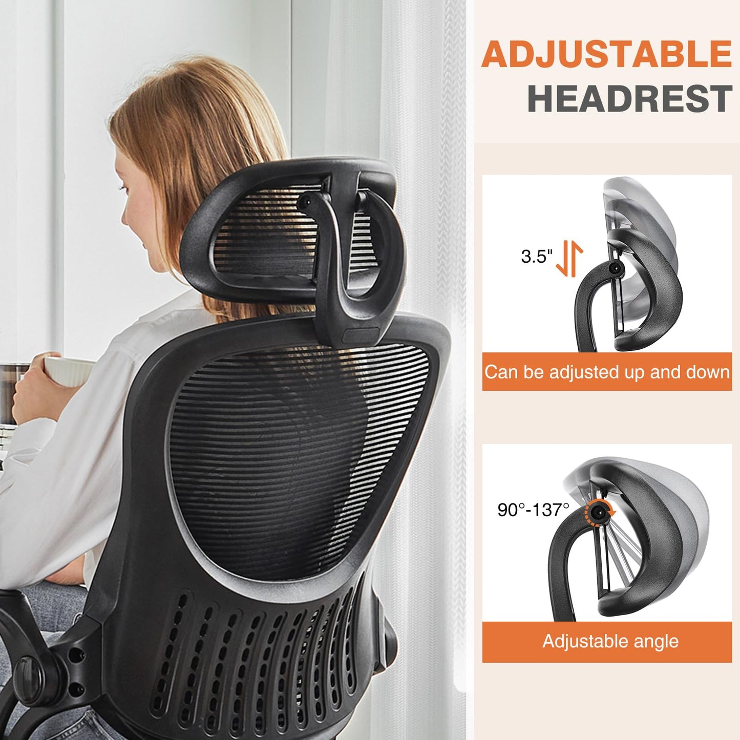 Sweetcrispy Office Computer Desk Chair, Ergonomic High - Back Mesh Rolling Work Chairs with Wheels and Adjustable Headrests, Comfortable Lumbar Support, Comfy Flip - up Arms for Home,Bedroom,Study, Black - FocusAid Essentials: Empowering ADHD Living