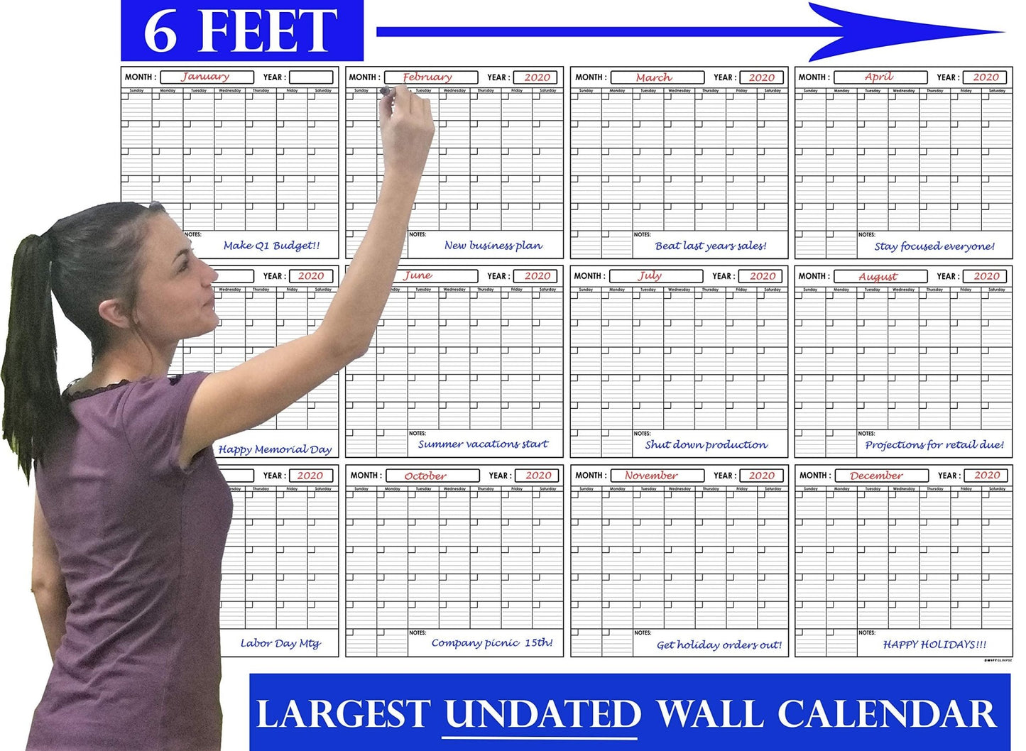 SwiftGlimpse 48" x 72" Large Jumbo Oversized Erasable Laminated Blank Annual Yearly Wall Calendar Poster, 12 Months, Reusable for Office, Academic or Home - FocusAid Essentials: Empowering ADHD Living