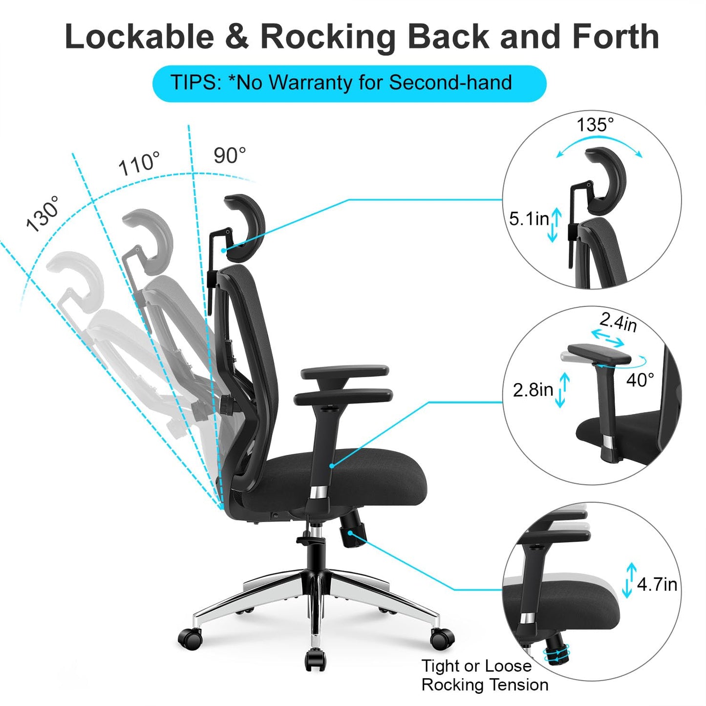 Ticova Ergonomic Office Chair - High Back Desk Chair with Adjustable Lumbar Support, Headrest & 3D Armrest - 130°Rocking Mesh Computer Chair - FocusAid Essentials: Empowering ADHD Living