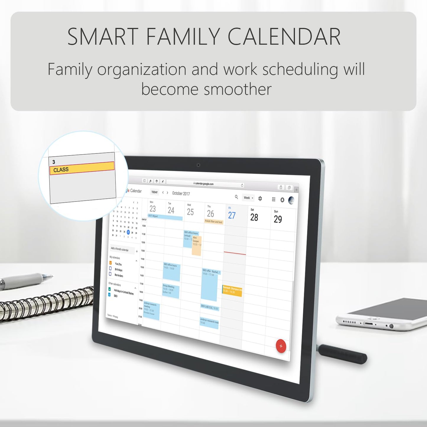 TouchWo 23.8 inches Touchscreen Digital Calendar & Wall Planners, Smart Whiteboard Calendar for Chore Chart & Work Schedule, Built in Speakers and Camera, Include Wall Mount & Desk Stand - FocusAid Essentials: Empowering ADHD Living