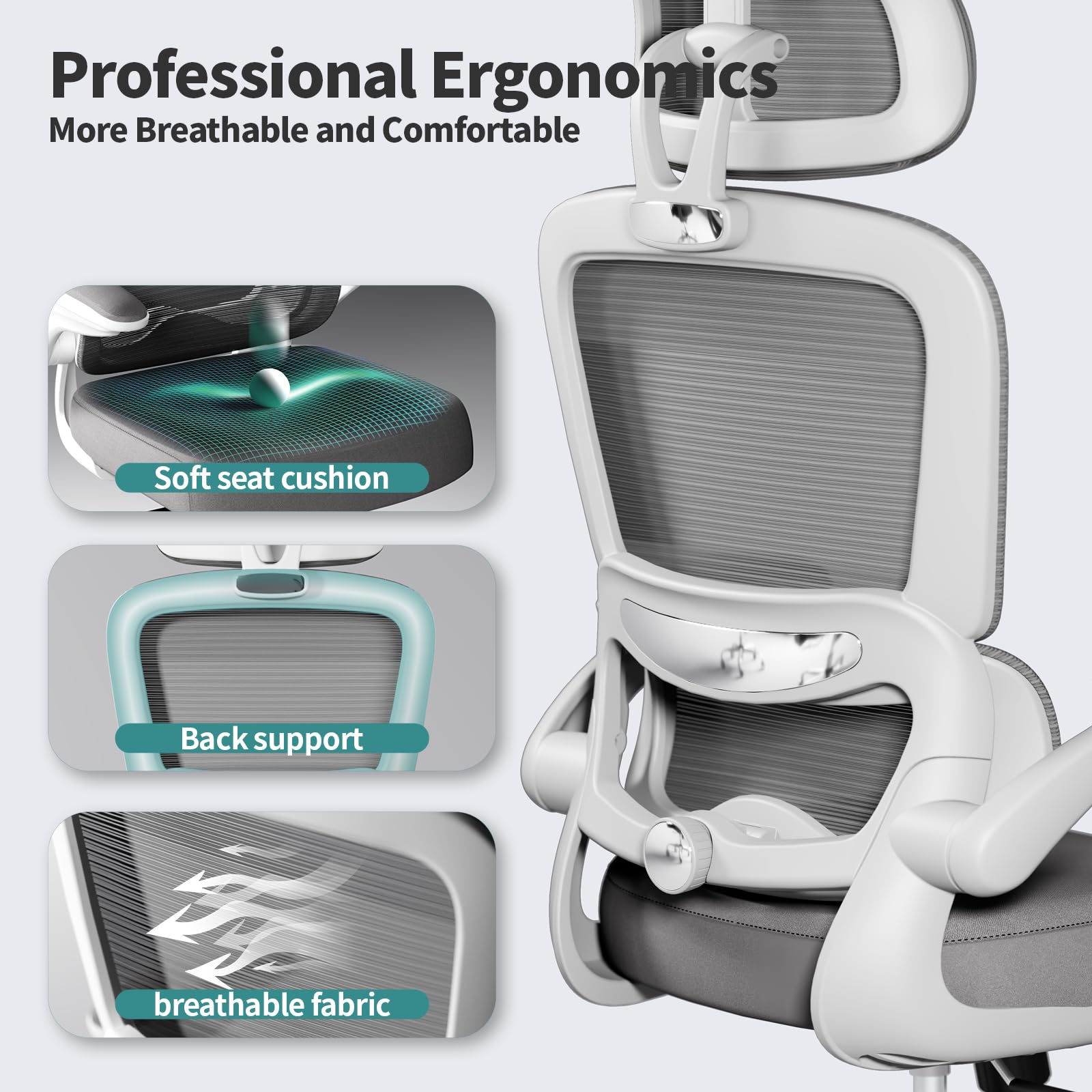 TRALT Office Chair Ergonomic Desk Chair, 330 LBS Home Mesh Office Desk Chairs with Wheels, Comfortable Gaming Chair, High Back Office Chair for Long Hours (White) - FocusAid Essentials: Empowering ADHD Living