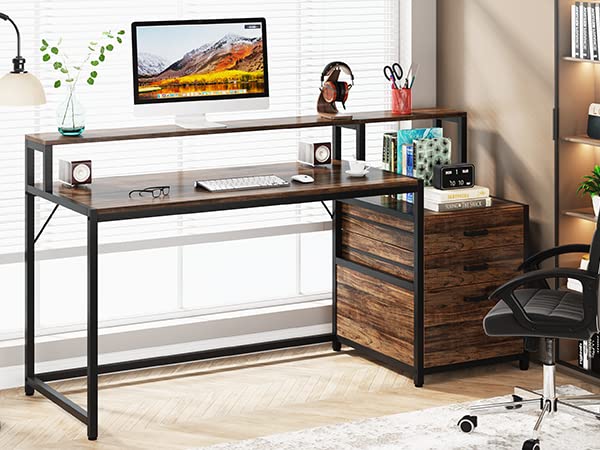 Tribesigns 63 Inch Computer Desk with File Drawer Cabinet, Ergonomic Office Desk with Monitor Stand, Industrial Computer Table with Printer Space, Wood PC Table Workstation Desk for Home Office - FocusAid Essentials: Empowering ADHD Living