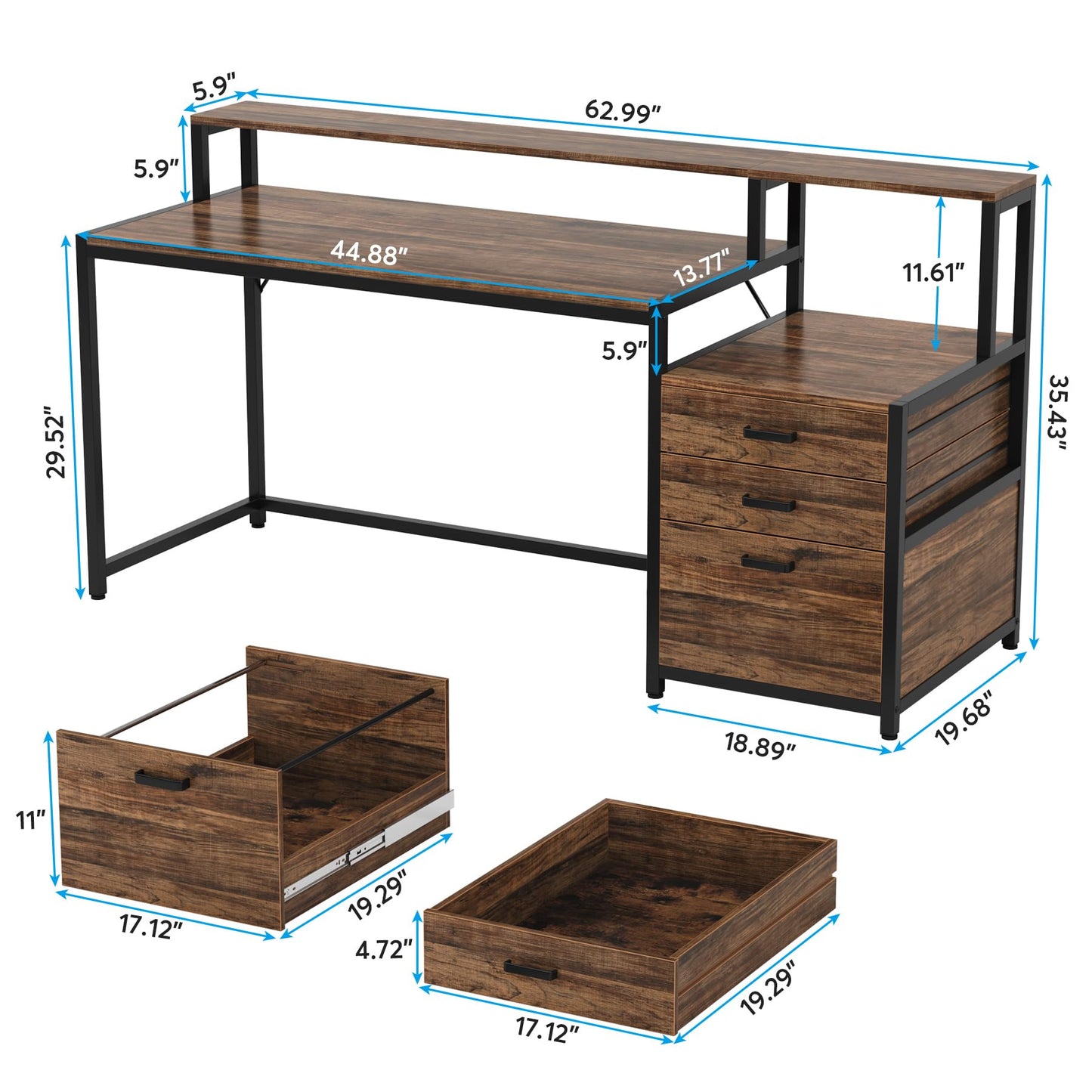 Tribesigns 63 Inch Computer Desk with File Drawer Cabinet, Ergonomic Office Desk with Monitor Stand, Industrial Computer Table with Printer Space, Wood PC Table Workstation Desk for Home Office - FocusAid Essentials: Empowering ADHD Living