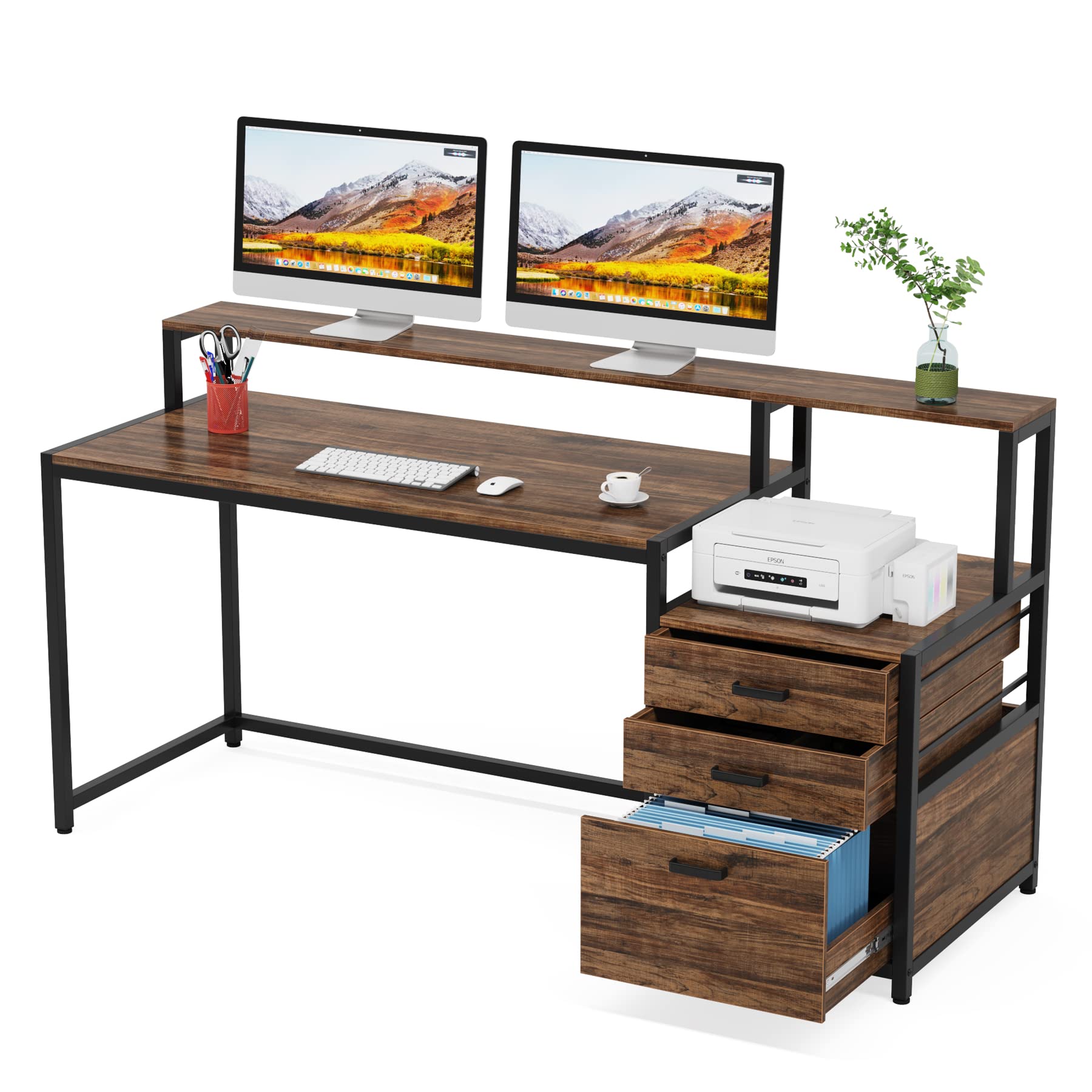 Tribesigns 63 Inch Computer Desk with File Drawer Cabinet, Ergonomic Office Desk with Monitor Stand, Industrial Computer Table with Printer Space, Wood PC Table Workstation Desk for Home Office - FocusAid Essentials: Empowering ADHD Living