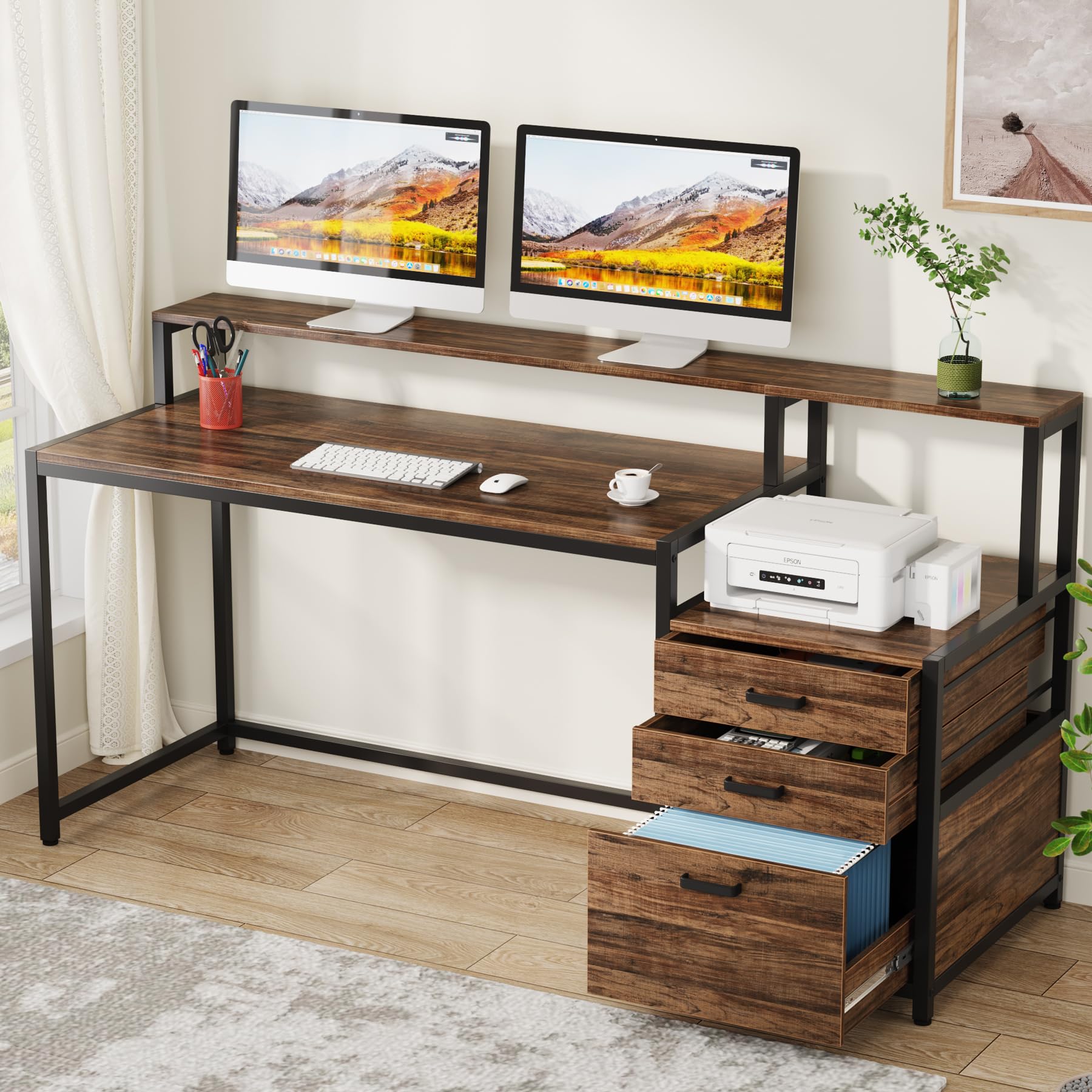 Tribesigns 63 Inch Computer Desk with File Drawer Cabinet, Ergonomic Office Desk with Monitor Stand, Industrial Computer Table with Printer Space, Wood PC Table Workstation Desk for Home Office - FocusAid Essentials: Empowering ADHD Living