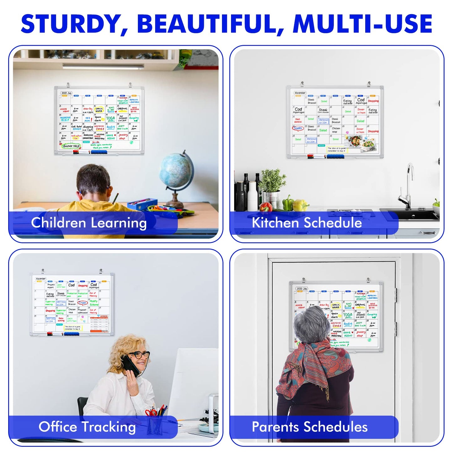 TRIPOLLO Dry Erase Calendar Whiteboard for Wall, 36" x 24" Magnetic Monthly WhiteBoard Calendar Dry Erase, Wall Hanging Aluminum Frame Calendar Board with Tray for Home, School, Office (Silver Frame) - FocusAid Essentials: Empowering ADHD Living