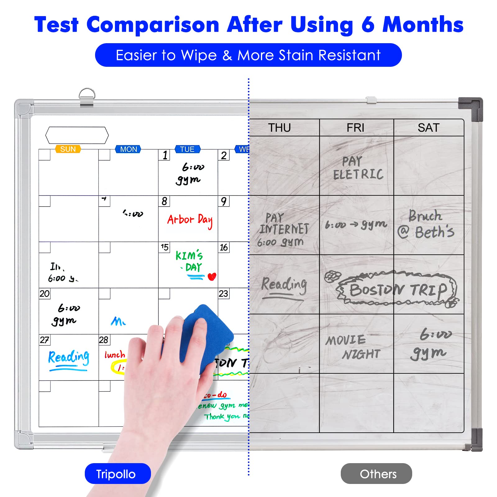 TRIPOLLO Dry Erase Calendar Whiteboard for Wall, 36" x 24" Magnetic Monthly WhiteBoard Calendar Dry Erase, Wall Hanging Aluminum Frame Calendar Board with Tray for Home, School, Office (Silver Frame) - FocusAid Essentials: Empowering ADHD Living