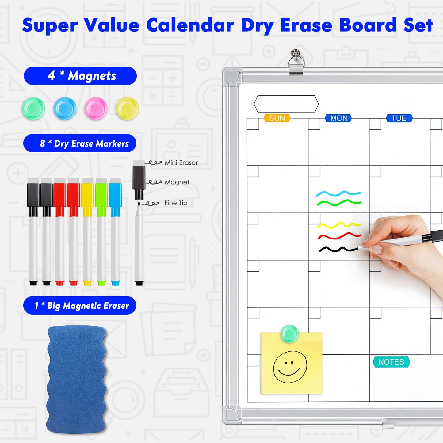 TRIPOLLO Dry Erase Calendar Whiteboard for Wall, 36" x 24" Magnetic Monthly WhiteBoard Calendar Dry Erase, Wall Hanging Aluminum Frame Calendar Board with Tray for Home, School, Office (Silver Frame) - FocusAid Essentials: Empowering ADHD Living