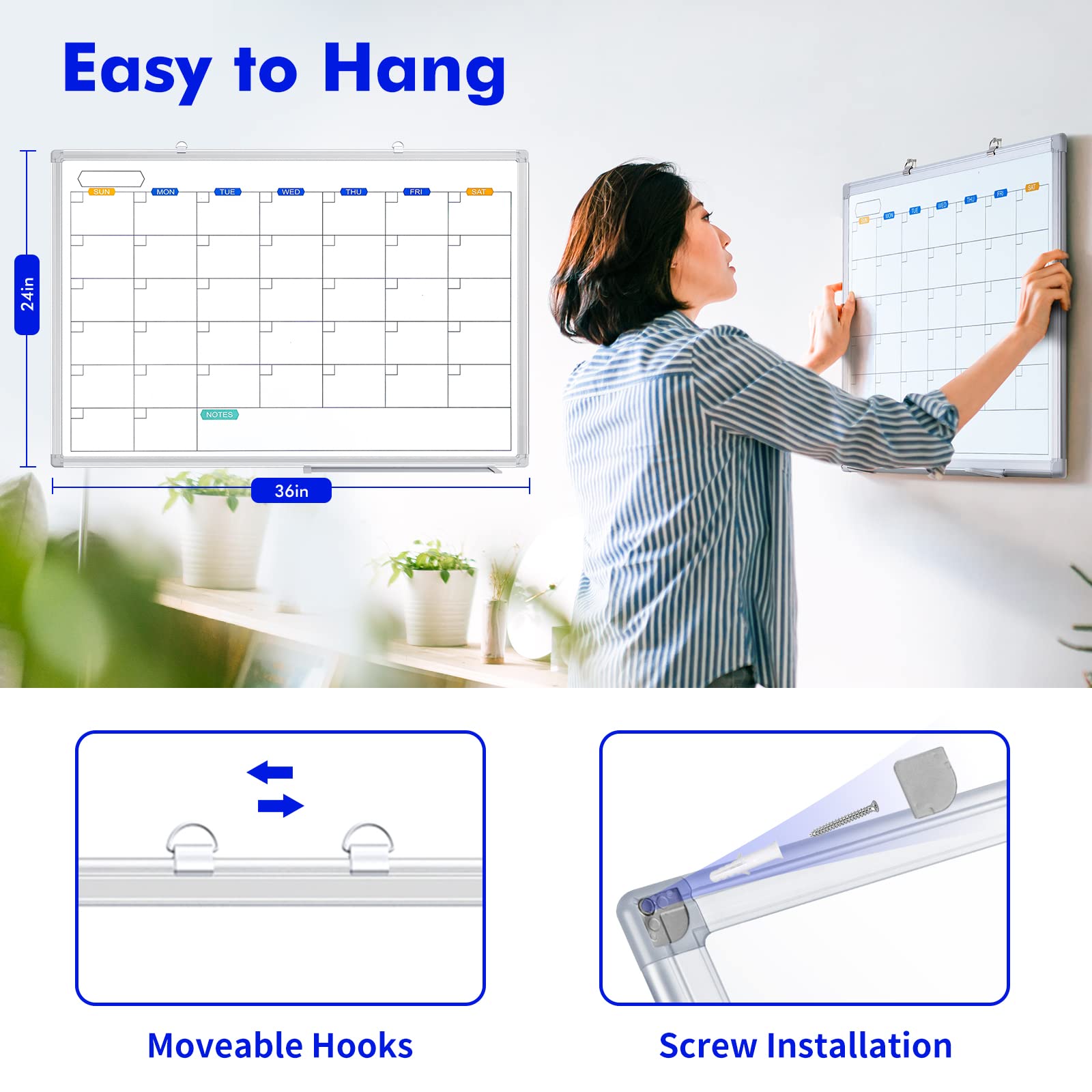 TRIPOLLO Dry Erase Calendar Whiteboard for Wall, 36" x 24" Magnetic Monthly WhiteBoard Calendar Dry Erase, Wall Hanging Aluminum Frame Calendar Board with Tray for Home, School, Office (Silver Frame) - FocusAid Essentials: Empowering ADHD Living