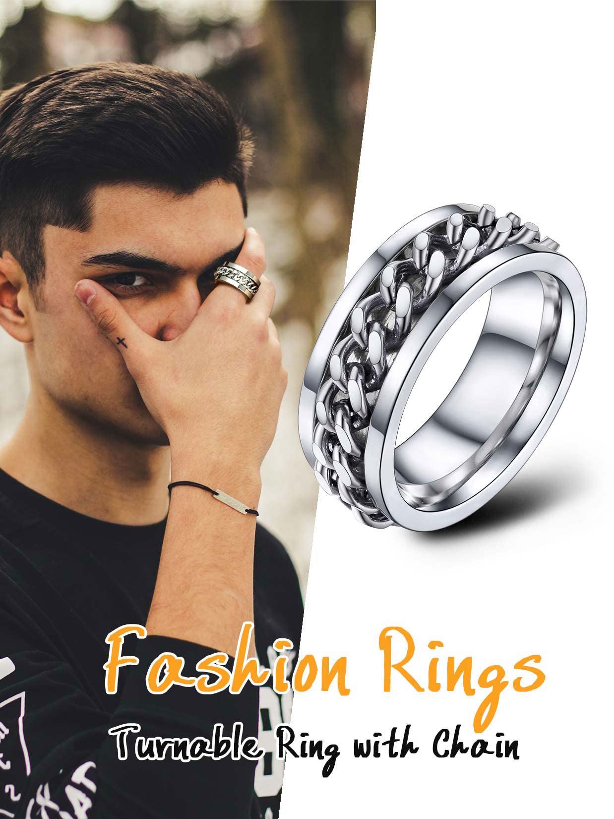 U7 Jewelry Mens Women Fashion Rings Stainless Steel Band 7MM Cuban Link Chain Spinner Ring Fidget Ring for Anxiety Size 10 - FocusAid Essentials: Empowering ADHD Living