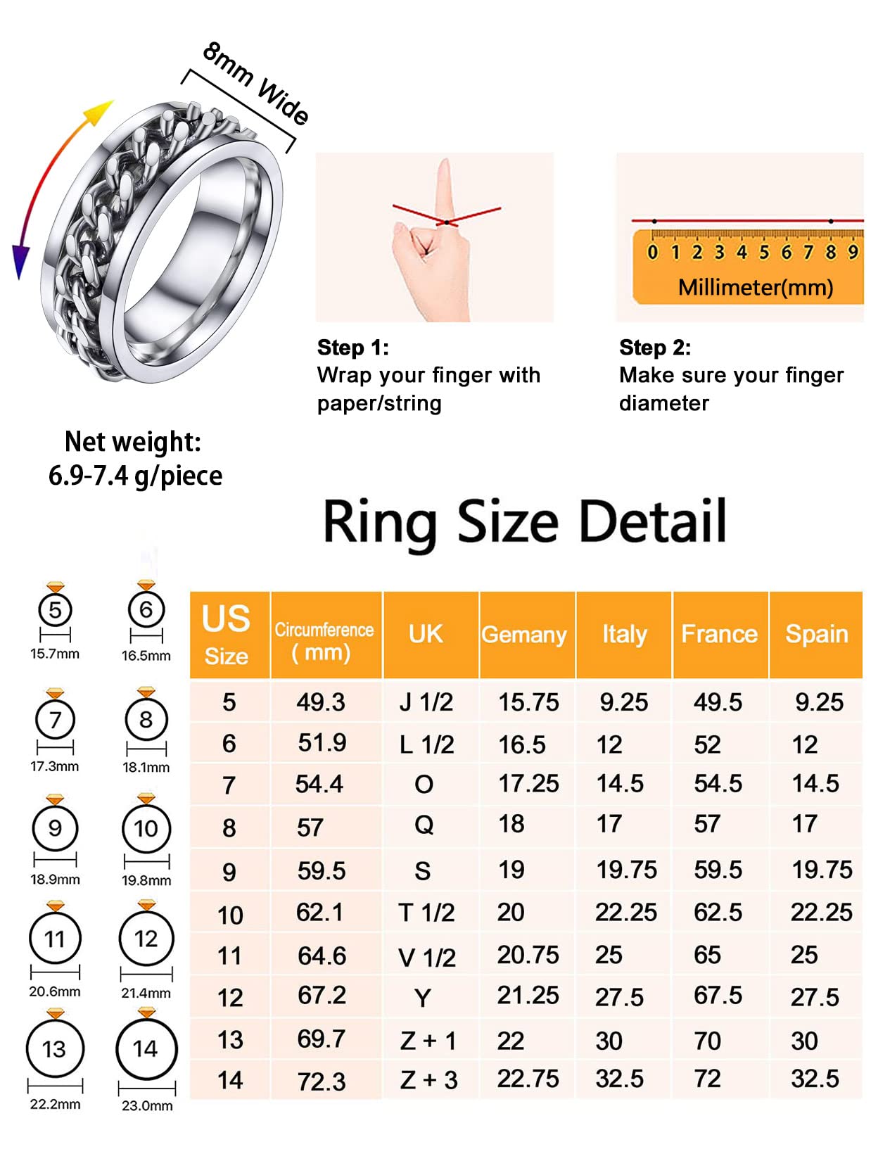 U7 Jewelry Mens Women Fashion Rings Stainless Steel Band 7MM Cuban Link Chain Spinner Ring Fidget Ring for Anxiety Size 10 - FocusAid Essentials: Empowering ADHD Living