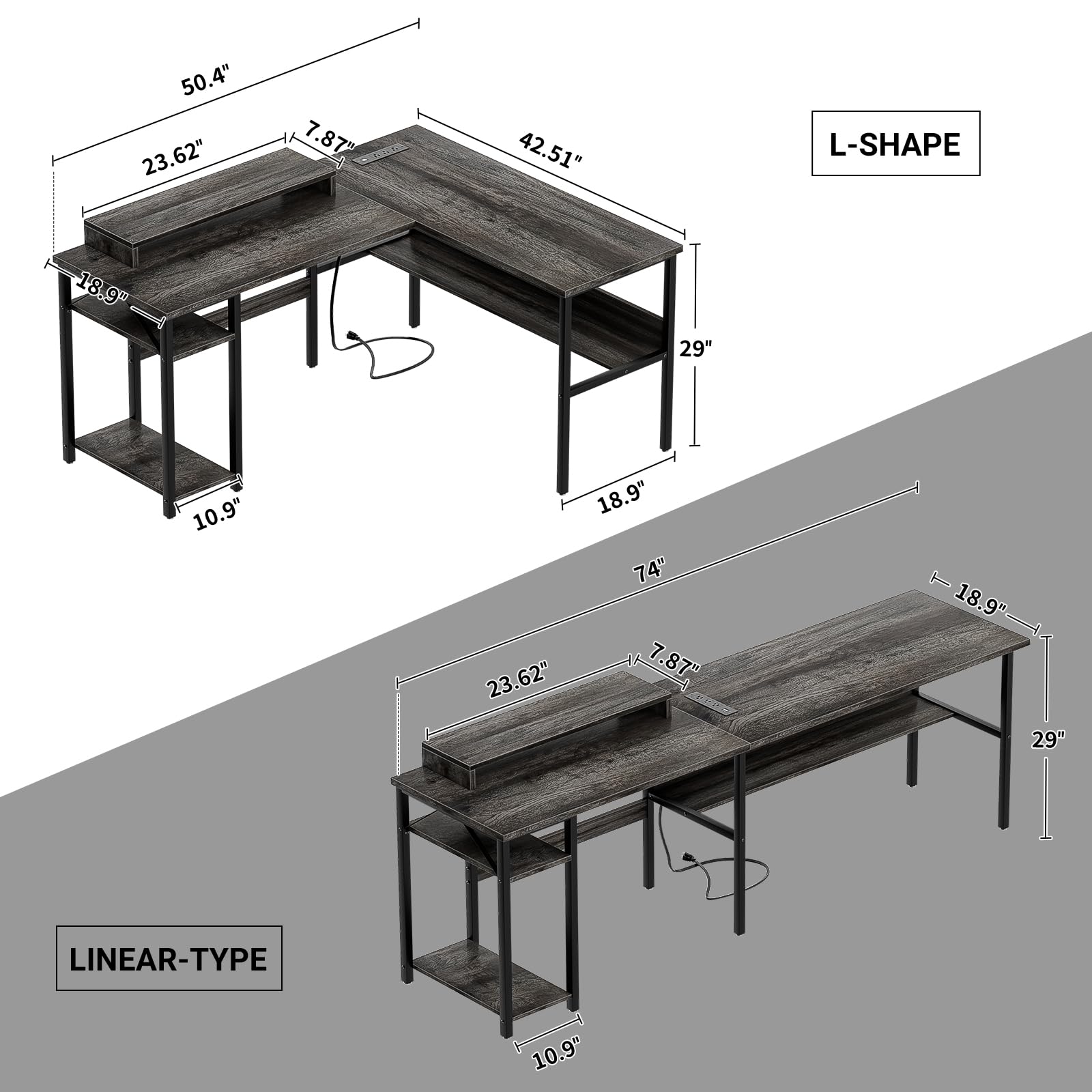 Unikito Reversible L Shaped Desk with Power Outlets and RGB LED Light, Sturdy Computer Desk with Ergonomic Monitor Stand and Storage Shelves, Corner Desk for Home Office, Easy Assembly, Black Oak - FocusAid Essentials: Empowering ADHD Living