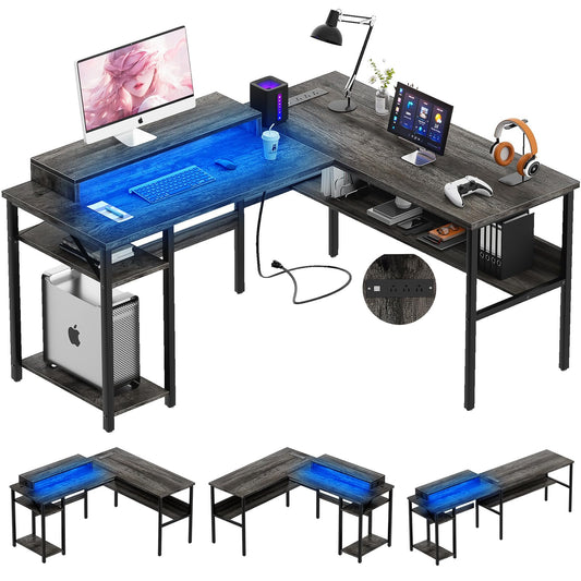 Unikito Reversible L Shaped Desk with Power Outlets and RGB LED Light, Sturdy Computer Desk with Ergonomic Monitor Stand and Storage Shelves, Corner Desk for Home Office, Easy Assembly, Black Oak - FocusAid Essentials: Empowering ADHD Living