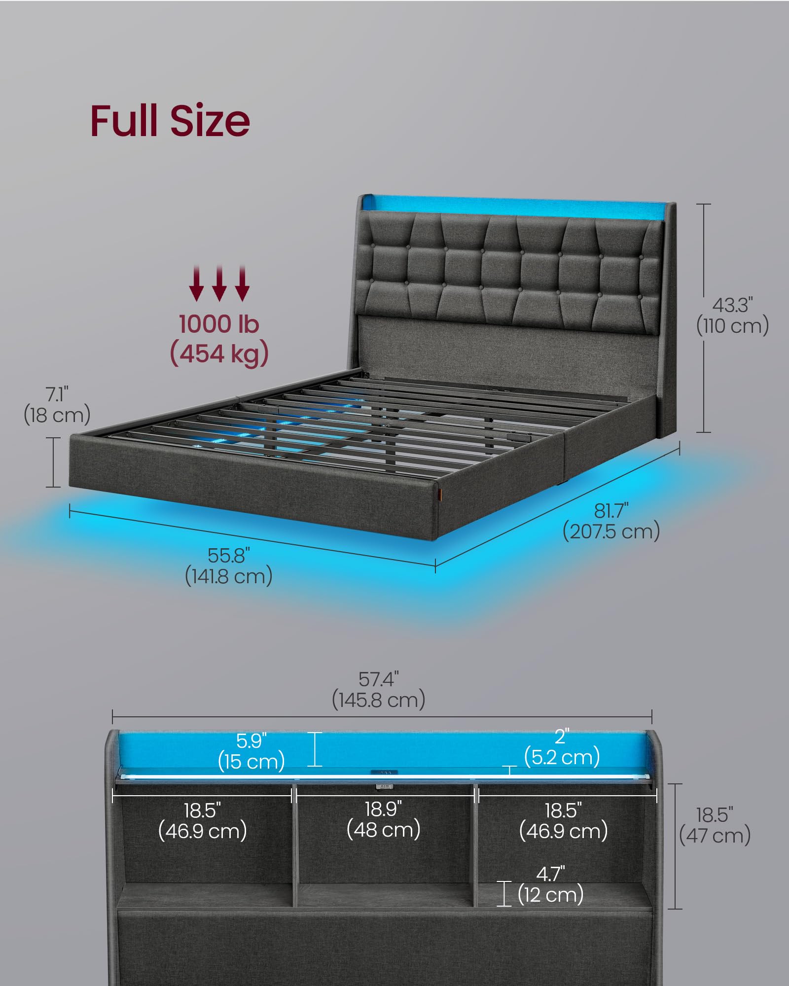 VASAGLE Full Size Floating Bed Frame with LED Lights, Full Bed Frame with Charging Station, Tufted Storage Headboard, Upholstered Platform Bed Frame, No Box Spring Needed, Dark Gray URMB852G71 - FocusAid Essentials: Empowering ADHD Living