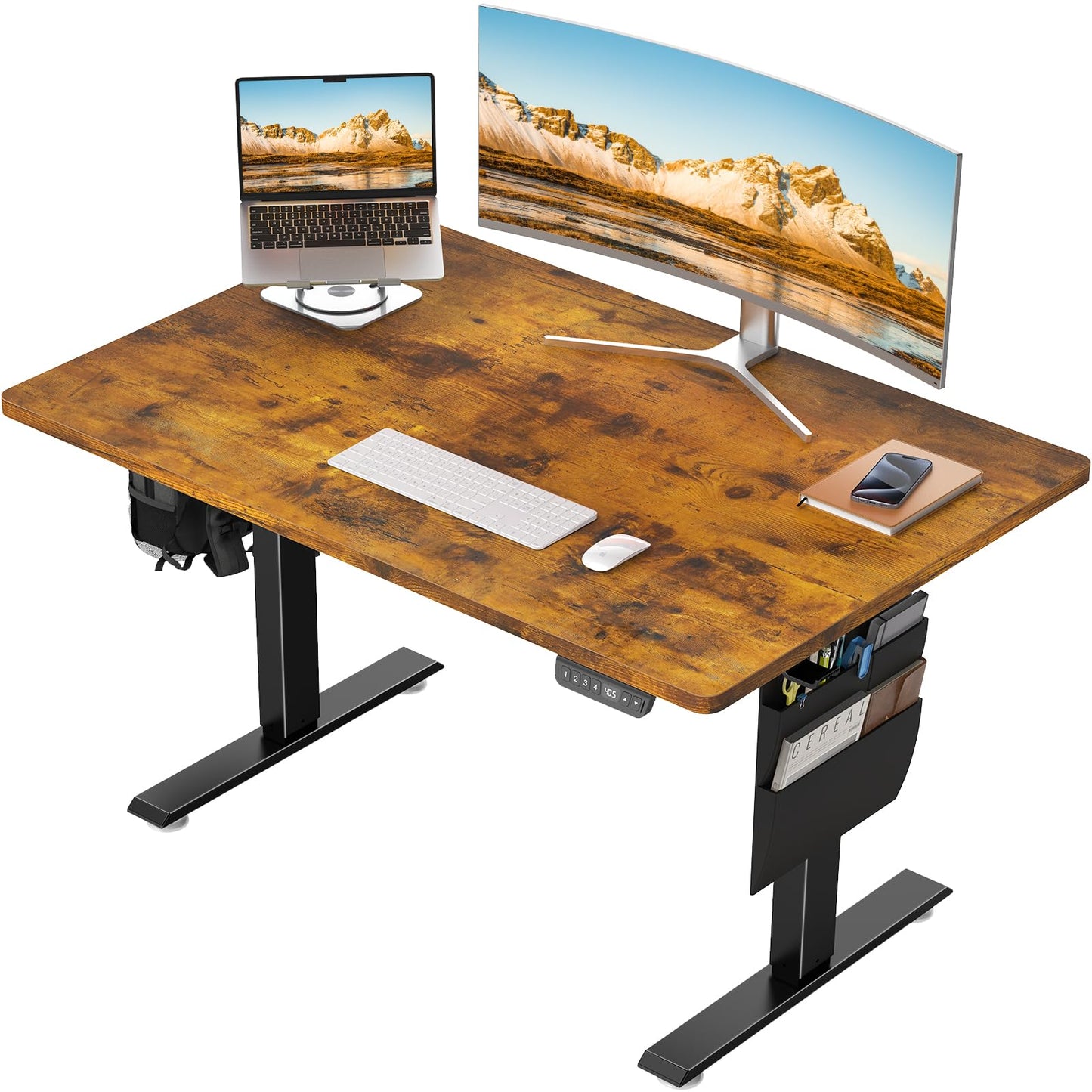 Veken Wider 47.2x27.6 Inch Whole Piece 1 - Inch Thick Standing Desk with Side Storage Pocket, Electric Adjustable Height Rising Table, Ergonomic Office Computer Desks for Workstation,Study,Gaming,Brown - FocusAid Essentials: Empowering ADHD Living