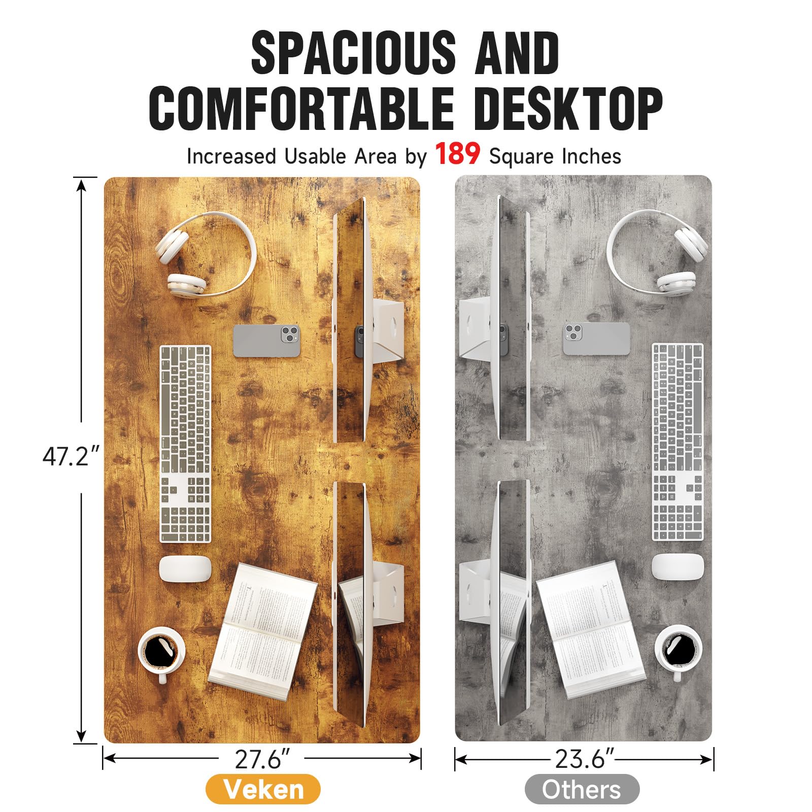 Veken Wider 47.2x27.6 Inch Whole Piece 1 - Inch Thick Standing Desk with Side Storage Pocket, Electric Adjustable Height Rising Table, Ergonomic Office Computer Desks for Workstation,Study,Gaming,Brown - FocusAid Essentials: Empowering ADHD Living