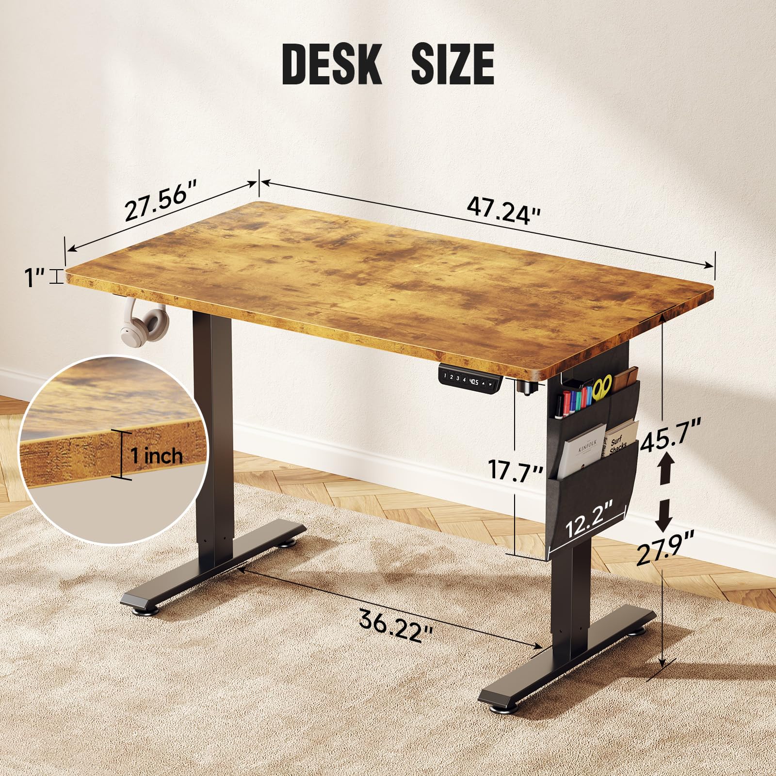 Veken Wider 47.2x27.6 Inch Whole Piece 1 - Inch Thick Standing Desk with Side Storage Pocket, Electric Adjustable Height Rising Table, Ergonomic Office Computer Desks for Workstation,Study,Gaming,Brown - FocusAid Essentials: Empowering ADHD Living