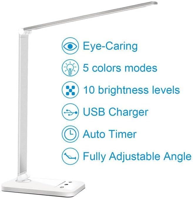 white crown LED Desk Lamp Dimmable Table Lamp Reading Lamp with USB Charging Port, 5 Lighting Modes, Sensitive Control, 30/60 Minutes Timer (White) - FocusAid Essentials: Empowering ADHD Living