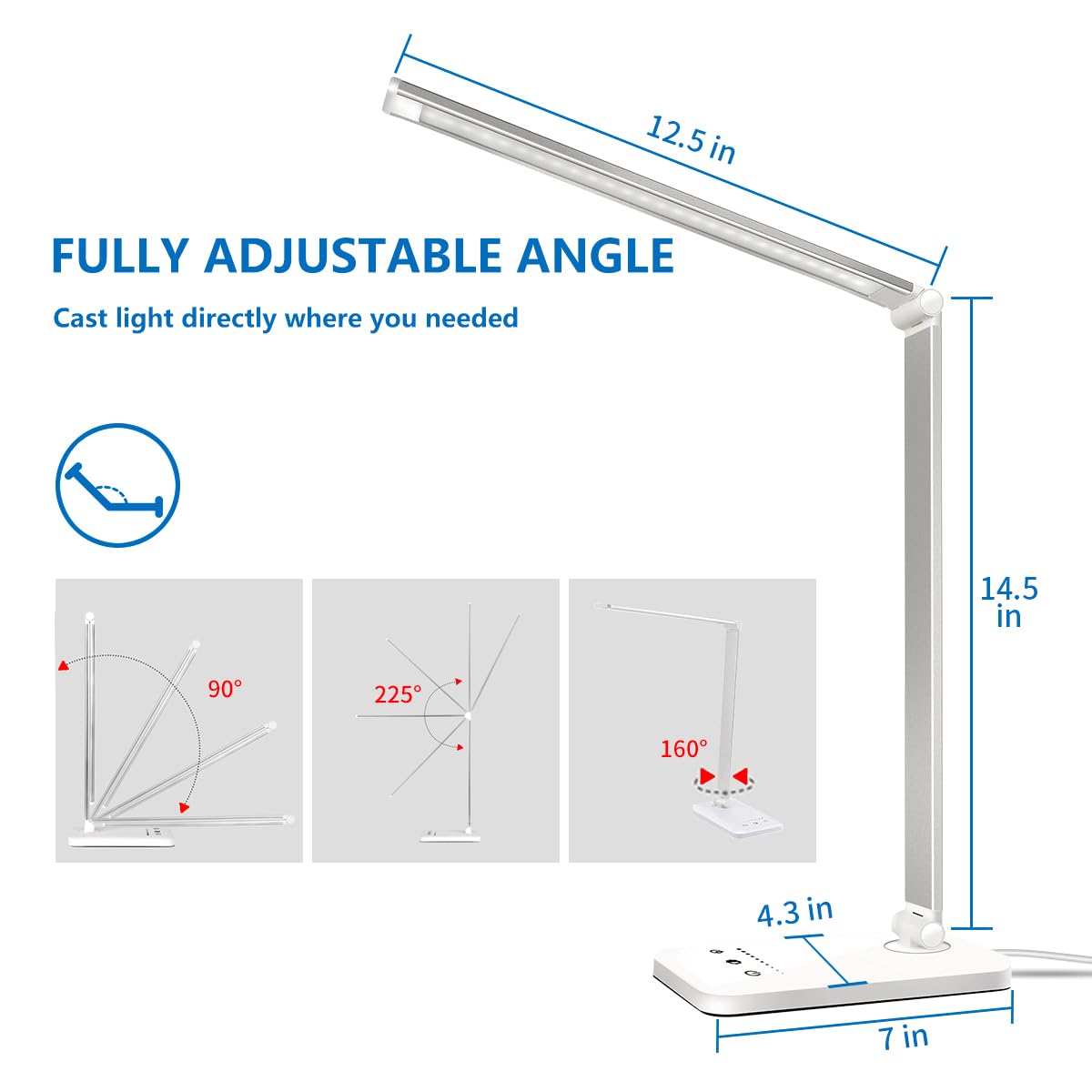 white crown LED Desk Lamp Dimmable Table Lamp Reading Lamp with USB Charging Port, 5 Lighting Modes, Sensitive Control, 30/60 Minutes Timer (White) - FocusAid Essentials: Empowering ADHD Living