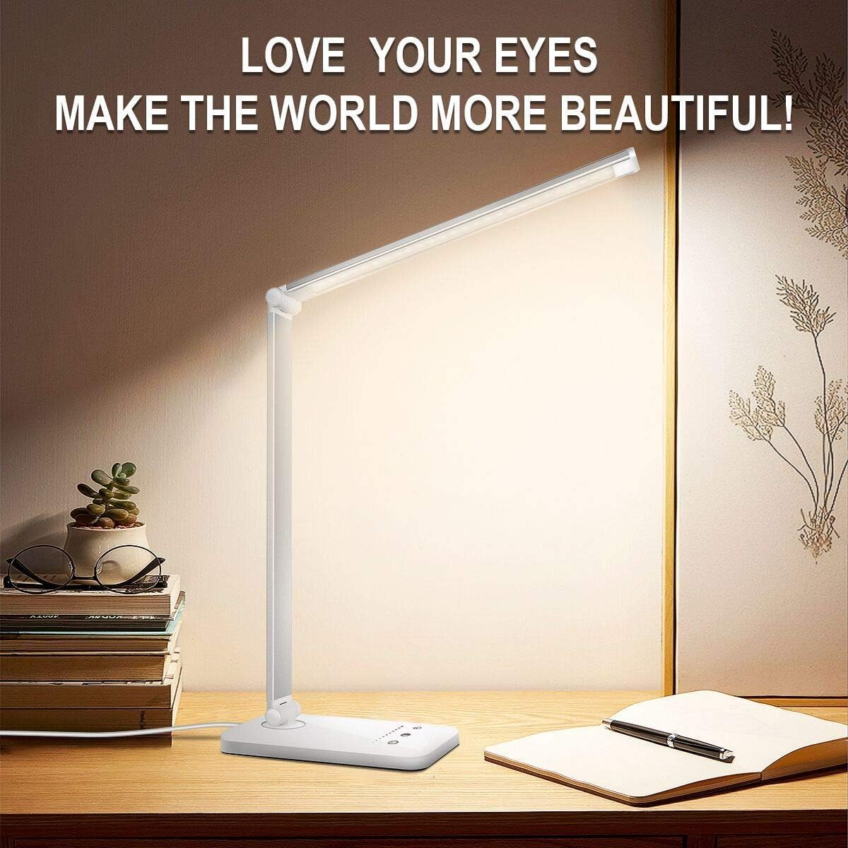 white crown LED Desk Lamp Dimmable Table Lamp Reading Lamp with USB Charging Port, 5 Lighting Modes, Sensitive Control, 30/60 Minutes Timer (White) - FocusAid Essentials: Empowering ADHD Living