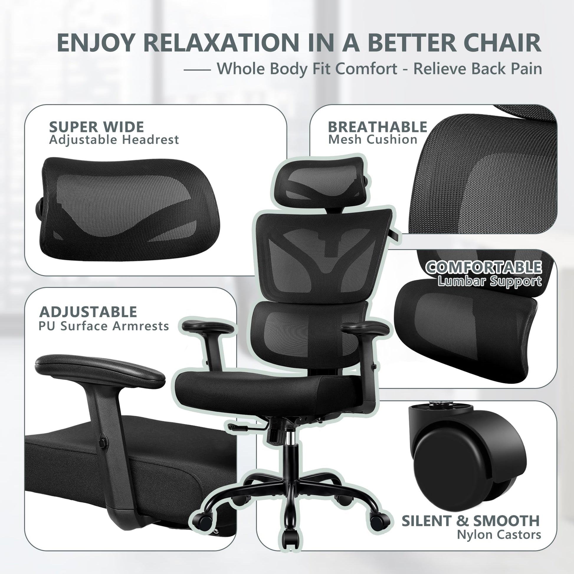 Winrise Office Chair Ergonomic Desk Chair, High Back Gaming Chair, Big and Tall Reclining Comfy Home Office Chair Lumbar Support Breathable Mesh Computer Chair Adjustable Armrests (Black) - FocusAid Essentials: Empowering ADHD Living