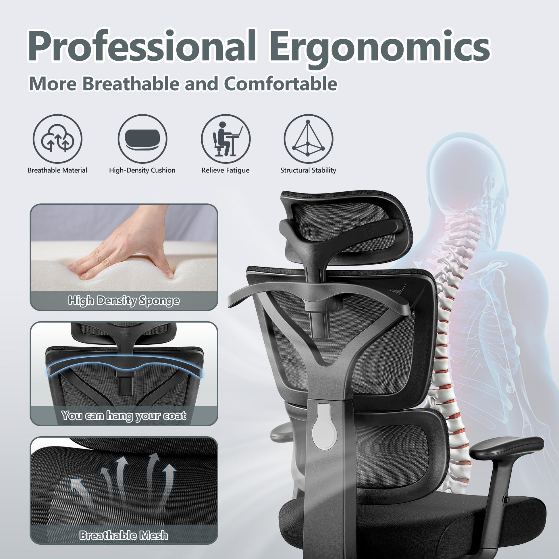 Winrise Office Chair Ergonomic Desk Chair, High Back Gaming Chair, Big and Tall Reclining Comfy Home Office Chair Lumbar Support Breathable Mesh Computer Chair Adjustable Armrests (Black) - FocusAid Essentials: Empowering ADHD Living