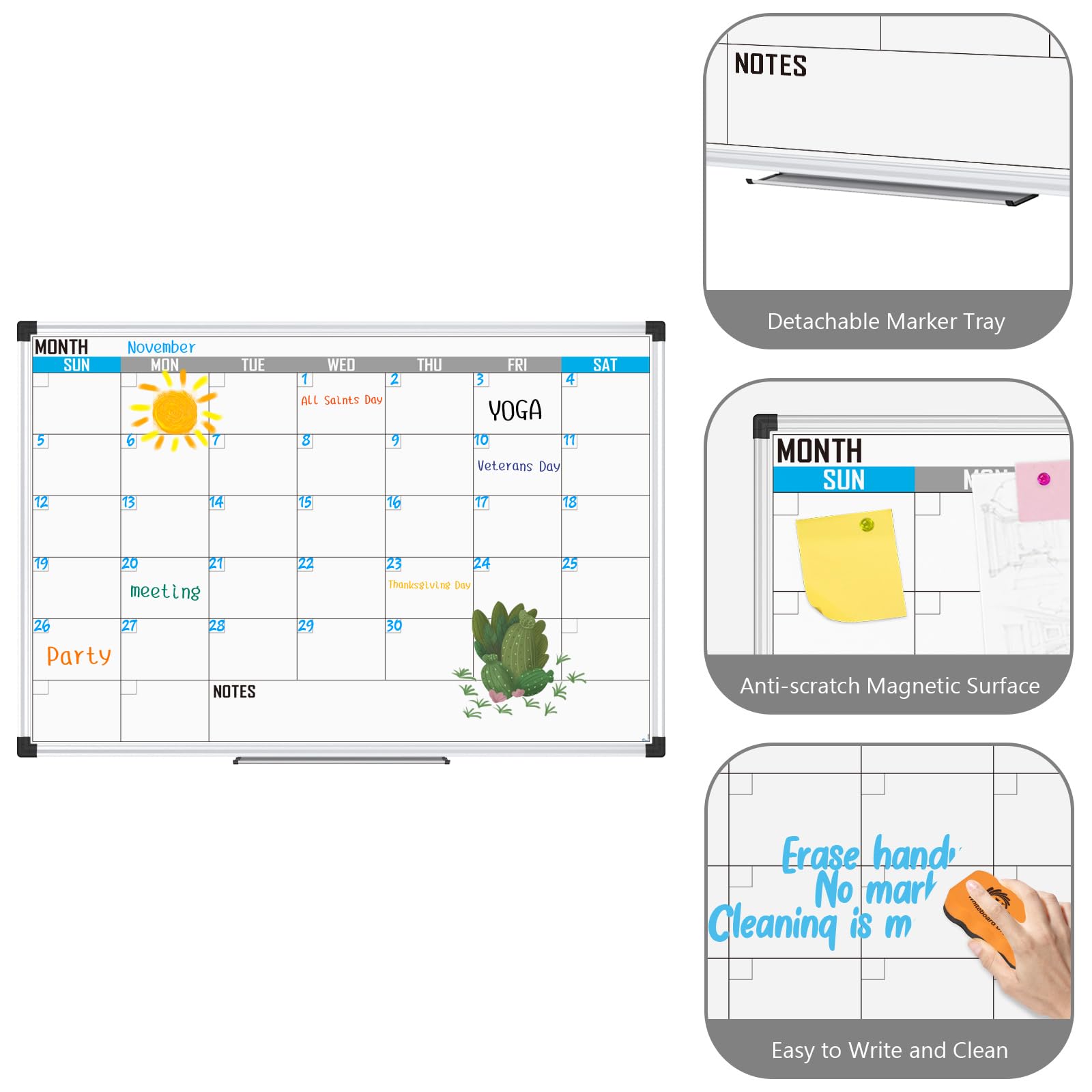 XBoard Magnetic Calendar Whiteboard 48" x 36" - Monthly Calendar Dry Erase Board, White Board + Colorful Calendar Board, Silver Aluminium Framed Monthly Planning Board - FocusAid Essentials: Empowering ADHD Living