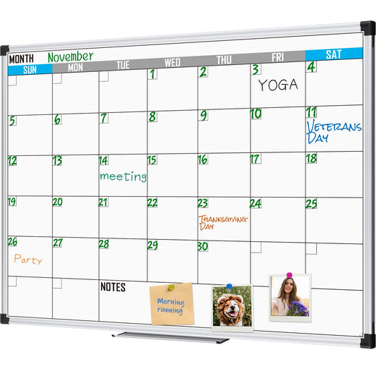 XBoard Magnetic Calendar Whiteboard 48" x 36" - Monthly Calendar Dry Erase Board, White Board + Colorful Calendar Board, Silver Aluminium Framed Monthly Planning Board - FocusAid Essentials: Empowering ADHD Living