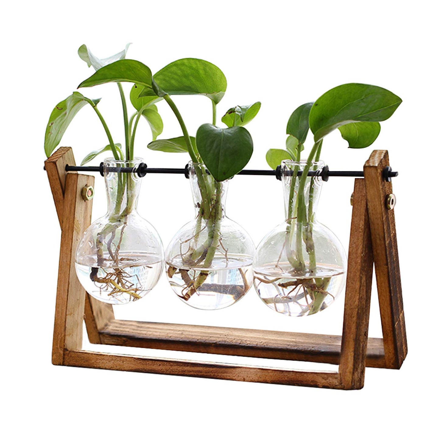 XXXFLOWER Plant Terrarium with Wooden Stand, Air Planter Bulb Glass Vase Metal Swivel Holder Retro Tabletop for Hydroponics Home Garden Office Decoration - 3 Bulb Vase - FocusAid Essentials: Empowering ADHD Living