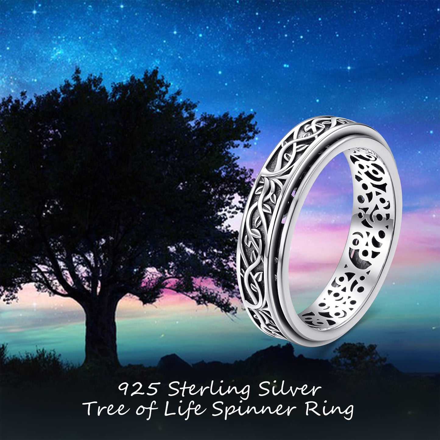 YAFEINI Tree of Life Spinner Fidget Ring Sterling Silver Tree of Life Ring for Anxiety Tree Twig Leaf Nature Filigree Spinner Ring Stress Relieving Jewelry Gifts for Women Men - FocusAid Essentials: Empowering ADHD Living