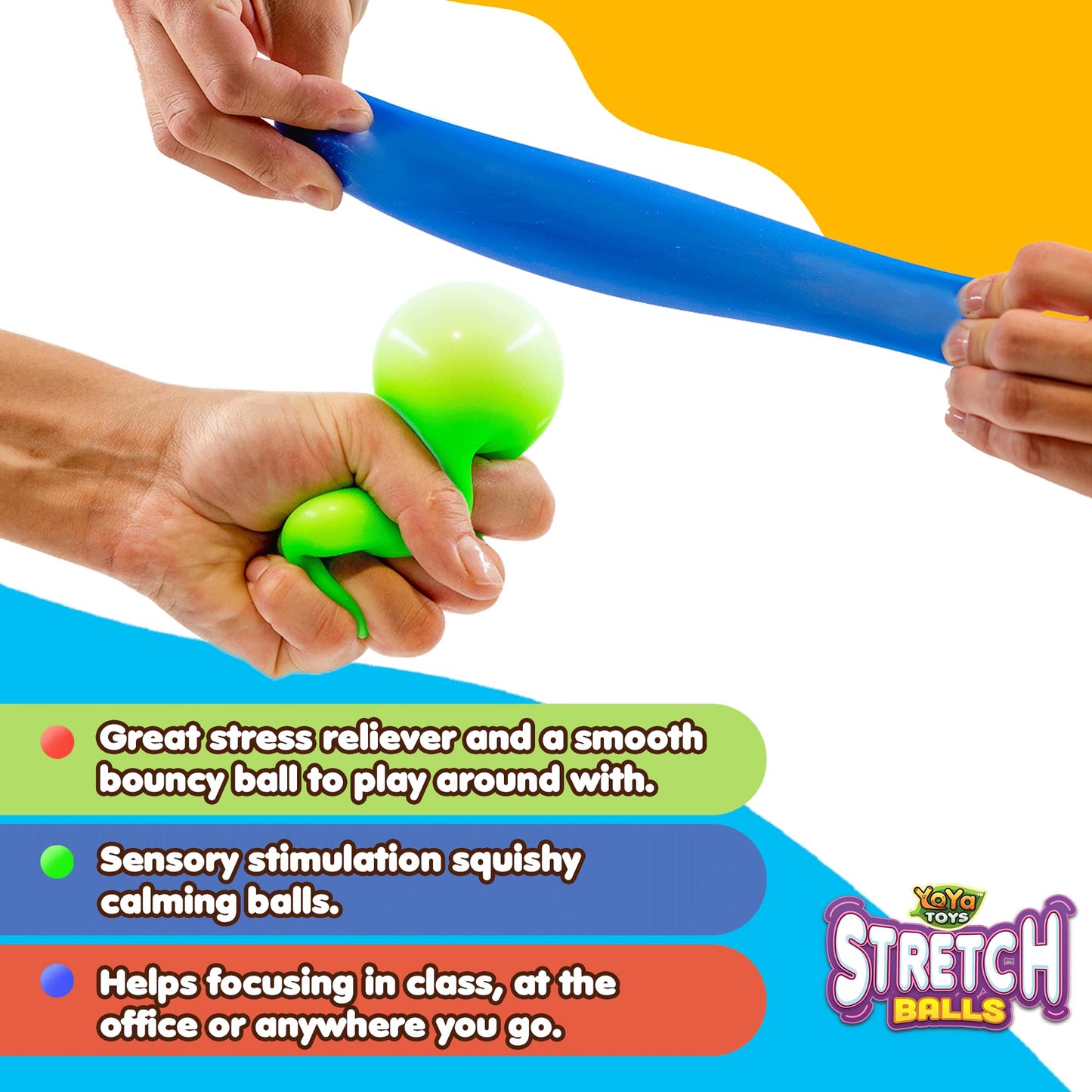 YoYa Toys Pull, Stretch and Squeeze Stress Balls - 3 Balls, Elastic Sensory Balls for Stress and Anxiety Relief, Autism and Special Needs Toys, Calming Fidgets for Kids and Adults, Ideal for Classroom - FocusAid Essentials: Empowering ADHD Living