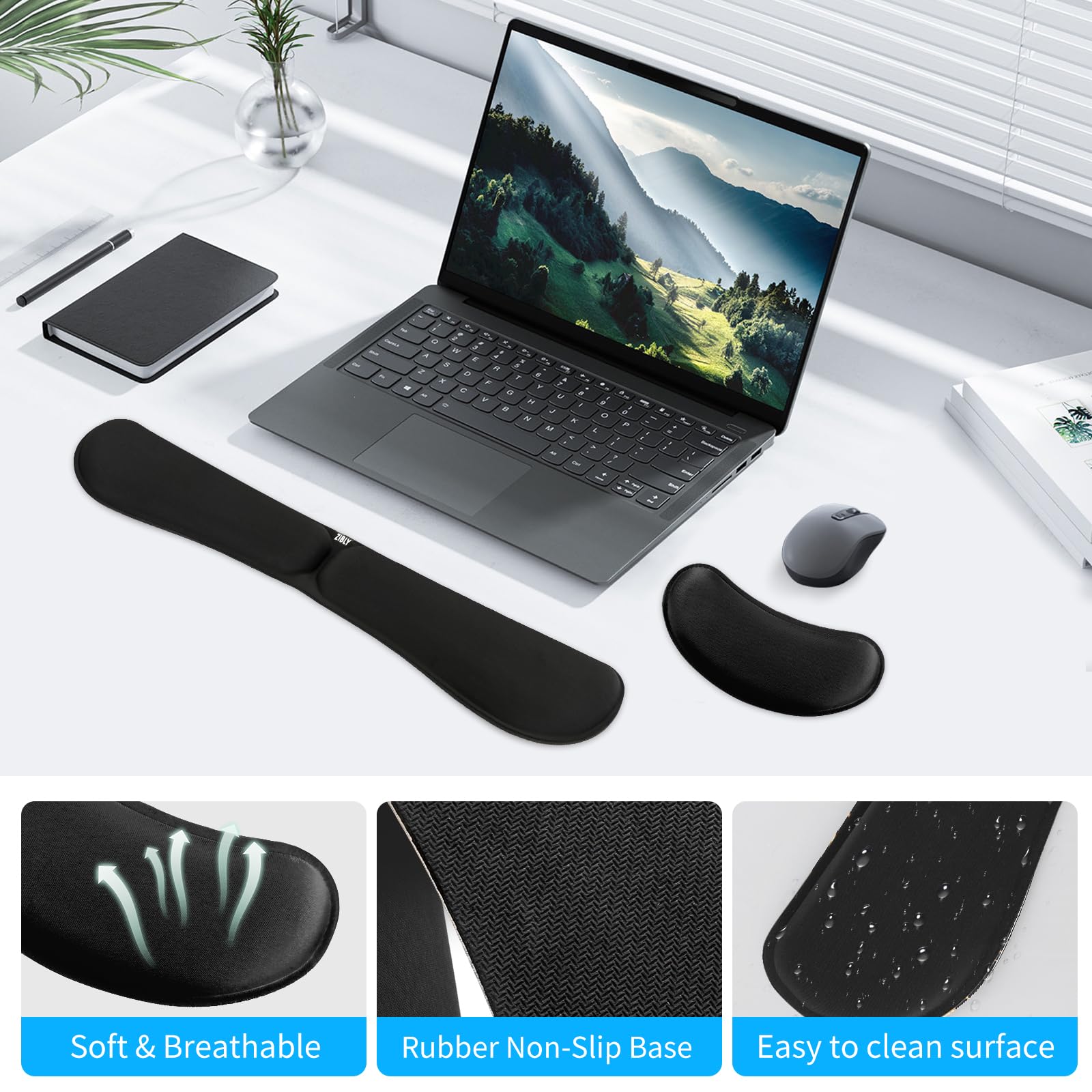 Zibly Ergonomic Gel Keyboard Wrist Rest & Mousepad Rests for Computer, Silky Memory Foam for Typing, Laptop Keyboard and Mouse Desk Pads Support Hand and Arm, 2 Piece Pad for Office and Travel - FocusAid Essentials: Empowering ADHD Living